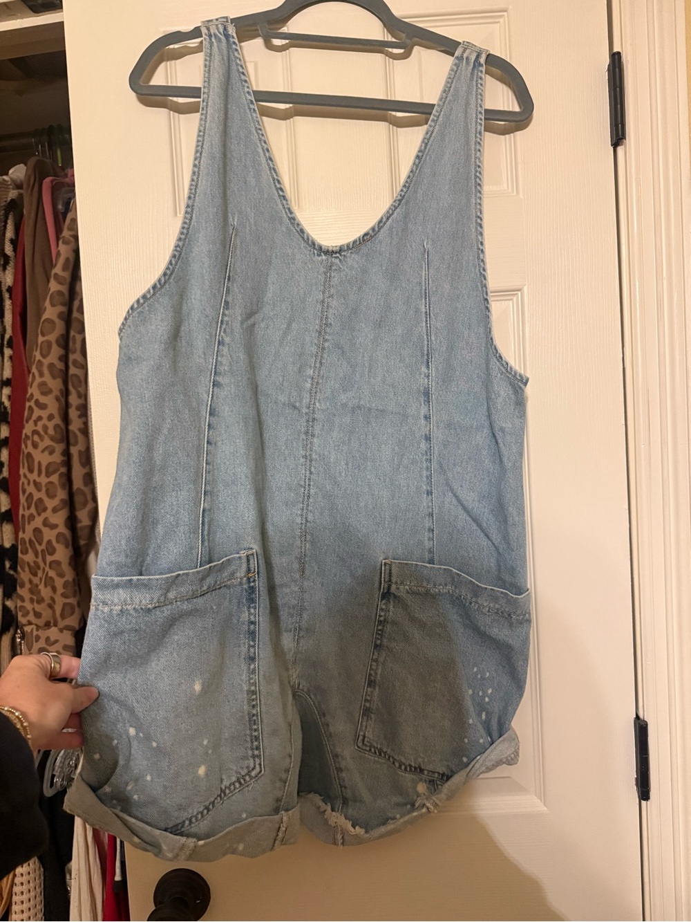 Oversized We The Free Light Blue Denim Pocket Overalls Romper